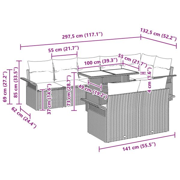 Градински Софа Комплект с възглавница 9 pcs Черно Полиратан