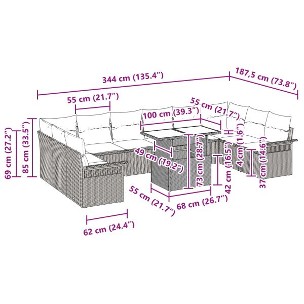 Градински Софа Комплект с възглавница 11 pcs Черно Полиратан