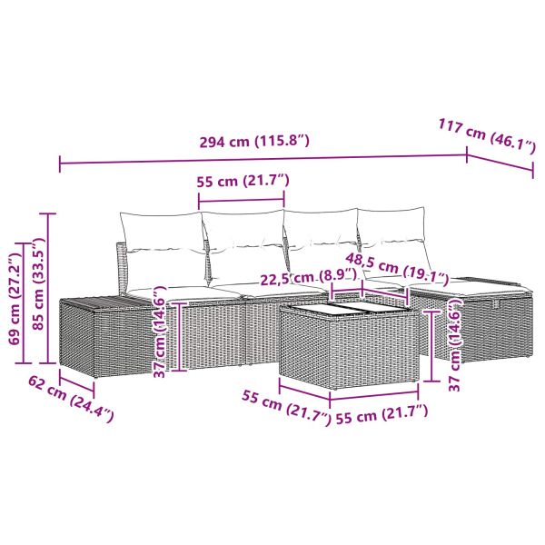 Градински Софа Комплект с възглавница 6 pcs Кафяво полиратан