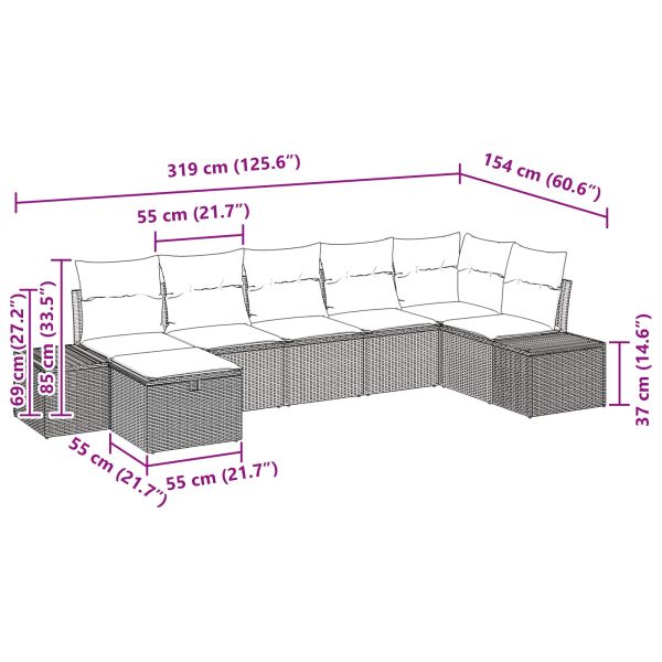 Градински Софа Комплект с възглавница 7 pcs Кафяво полиратан