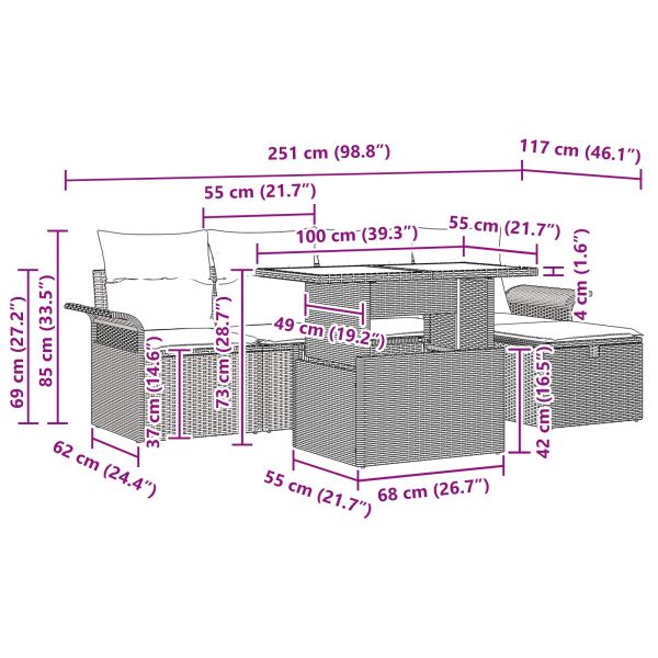 Градински Софа Комплект с възглавница 6 pcs Черно Полиратан