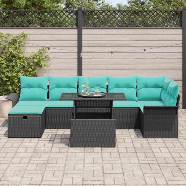 Градински Софа Комплект с възглавница 8 pcs Черно Полиратан