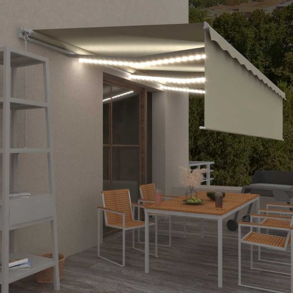 Ръчно прибиращ се сенник с щора и LED, 6x3 м, кремав