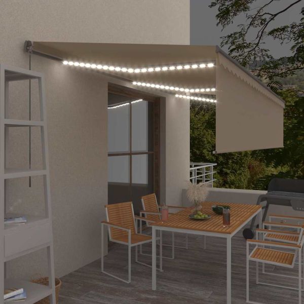 Ръчно прибиращ се сенник с щора и LED, 6x3 м, кремав