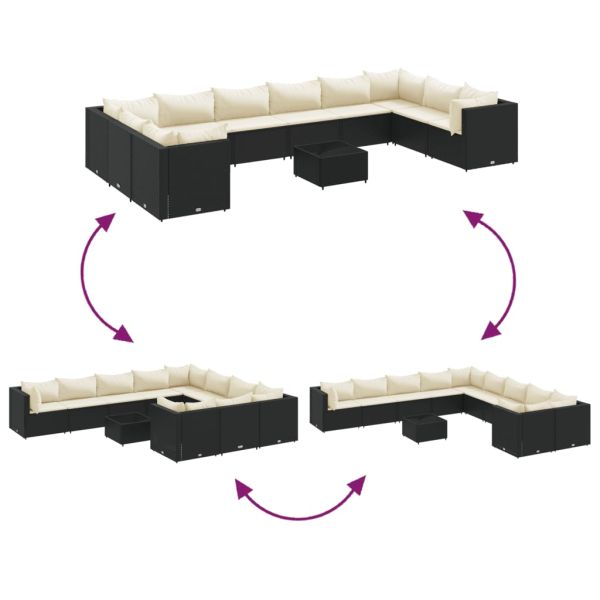 Градински лаундж комплект с възглавници 11части черен полиратан
