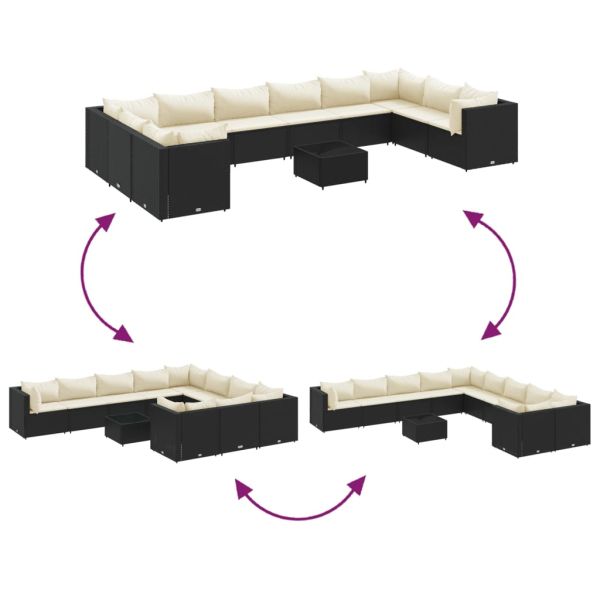 Градински комплект диван с възглавници 11 части черен полиратан