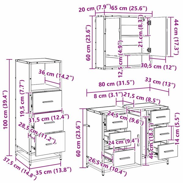 Комплект мебели за баня 3 pcs Старо дърво Инженерно дърво