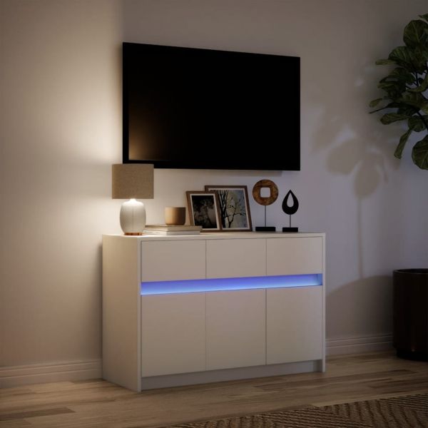 ТВ шкаф с LED, бял, 91x34x61 см, инженерно дърво