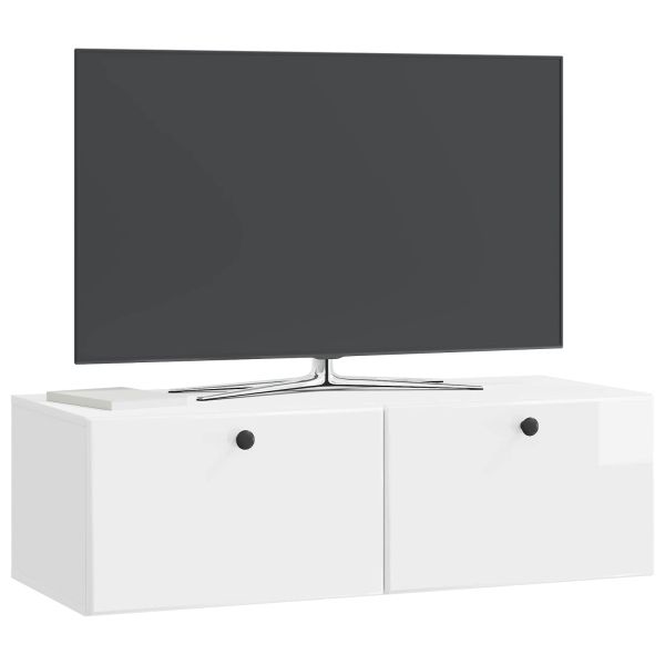 Стенно монтиран ТВ шкаф Бял гланц 98 x 41 x 30 см