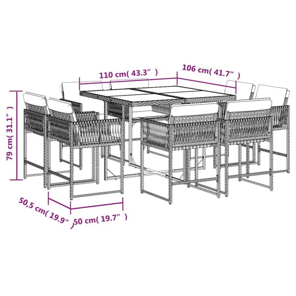 Градински трапезен комплект възглавници 9 части черен полиратан