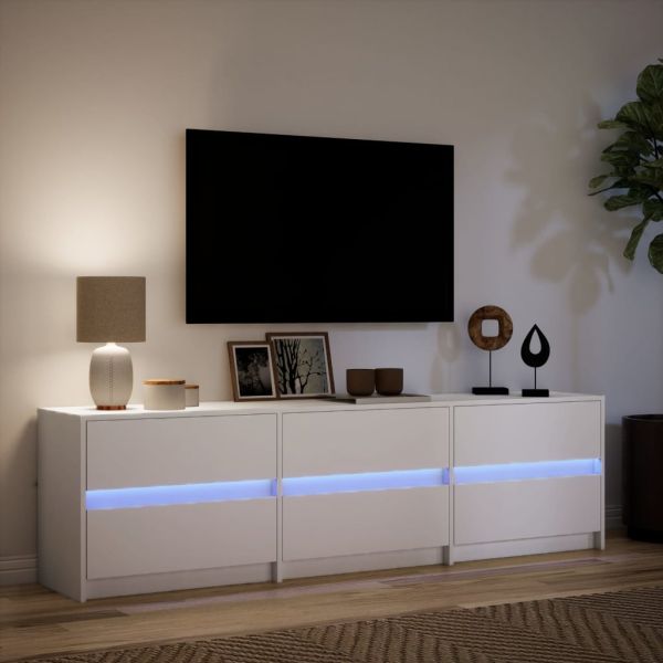 ТВ шкаф с LED, бял, 180x34x50 см, инженерно дърво