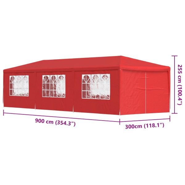 Парти шатър 900 x 300 x 255 см Червено Полиетилен и стомана