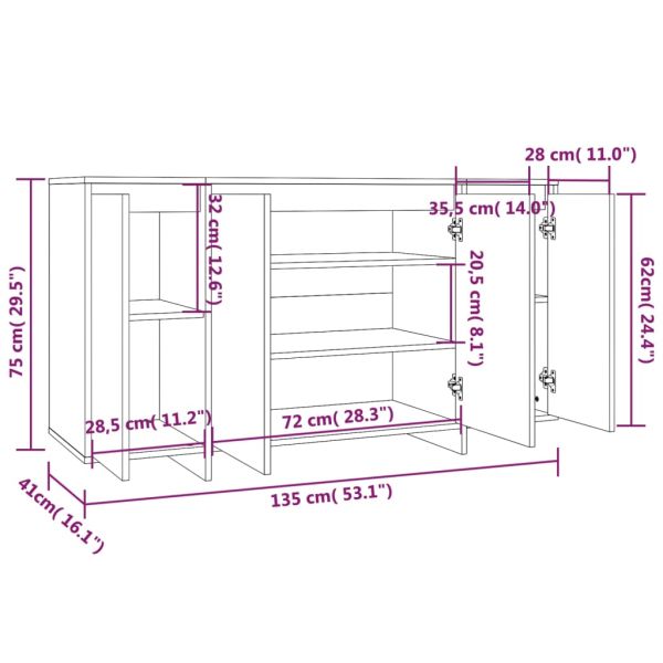 Бюфет бял гланц 135x41x75 см инженерно дърво