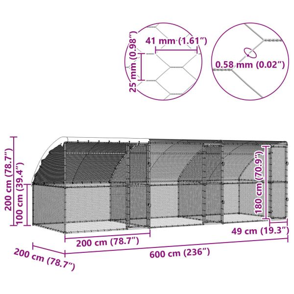 Клетка за пилета 3 pcs Сребрист 600 x 200 x 200 см Стомана и PE