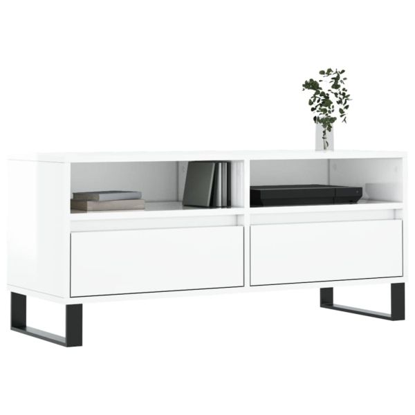 ТВ шкаф бял гланц 100x34,5x44,5 см инженерно дърво