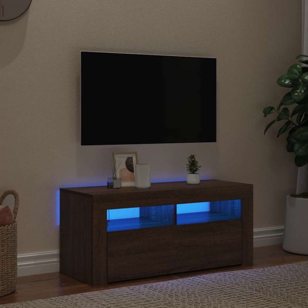 ТВ шкаф с LED осветление, кафяв дъб, 90x35x40 см