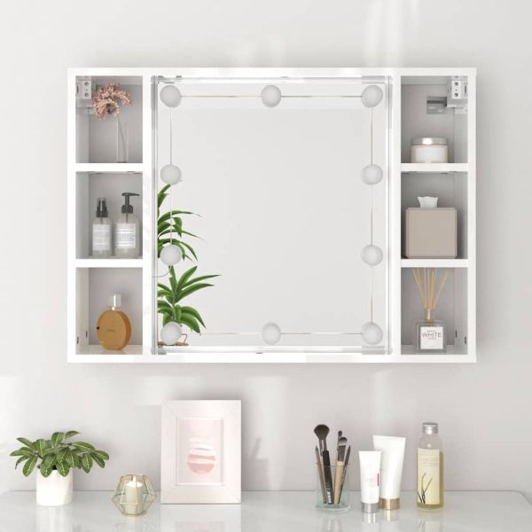 Огледален шкаф с LED, бял гланц, 76x15x55 см