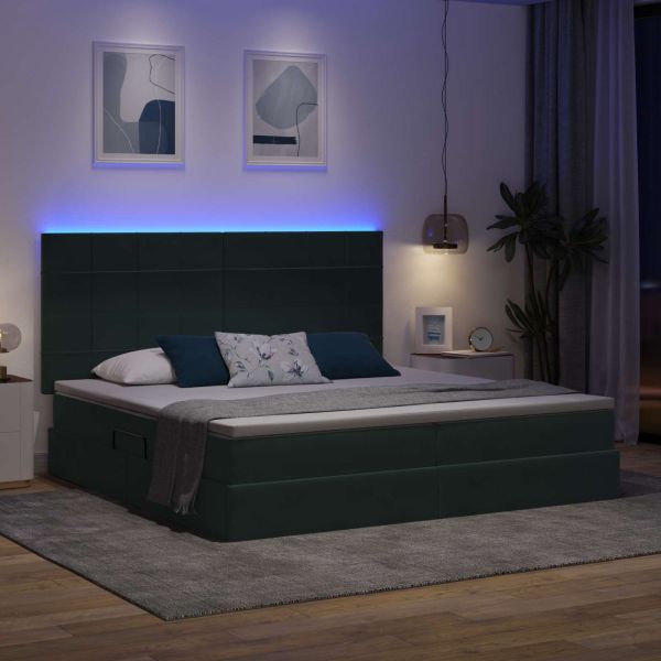 Легло с място за съхранение и LED Тъмен зелен 200 x 200 cm