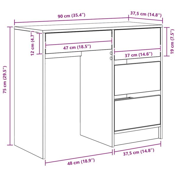Бюро с чекмедже Бяло 90 x 37.5 x 75 см Инженерно дърво