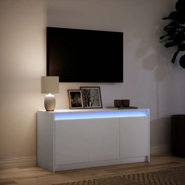 ТВ шкаф с LED, бял, 100x34x50 см, инженерно дърво