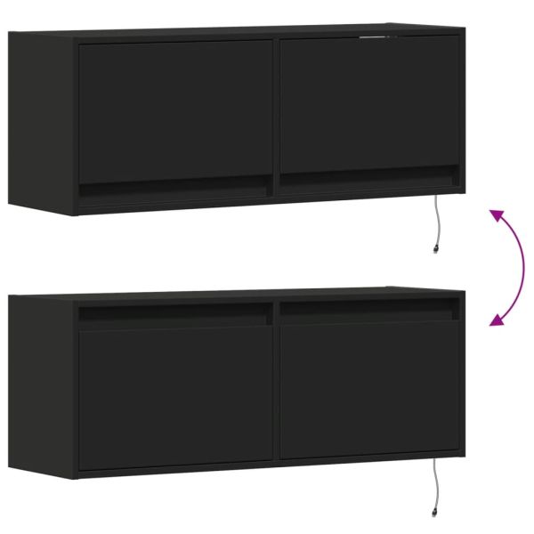 Стенен ТВ шкаф с LED осветление, черен, 100x31x38 см
