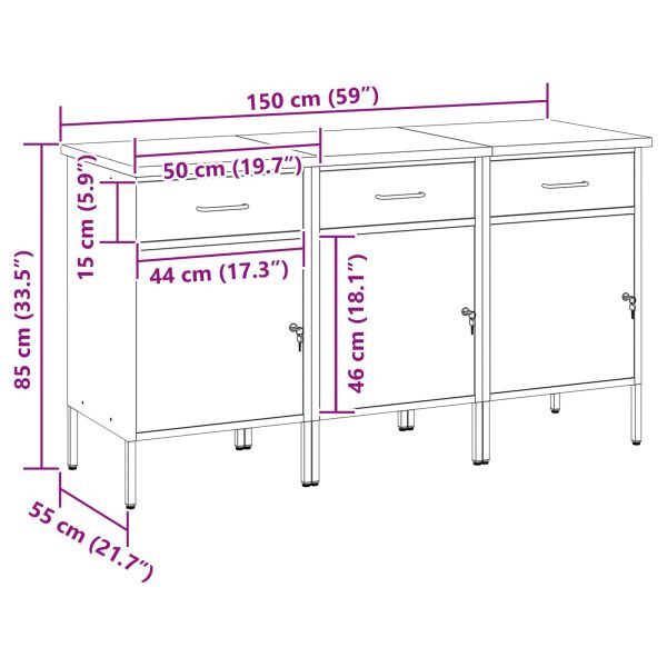 Работен кабинет с чекмедже 3 pcs Черен и Сив 150 x 55 x 85 см