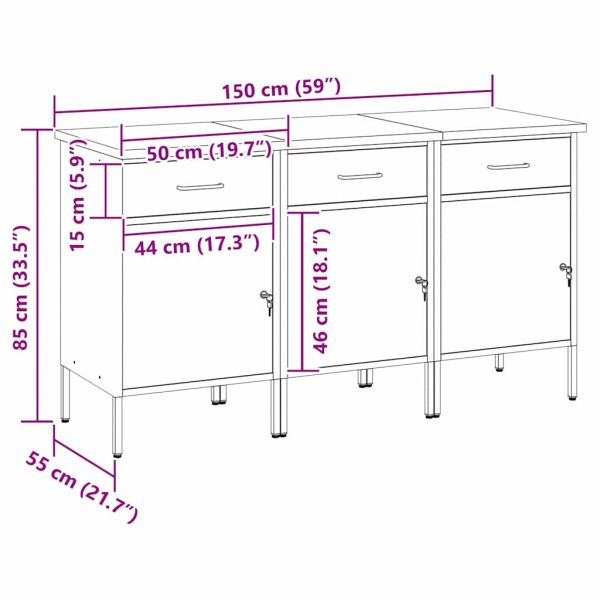 Работен кабинет с чекмедже 3 pcs Черен и Сив 150 x 55 x 85 см