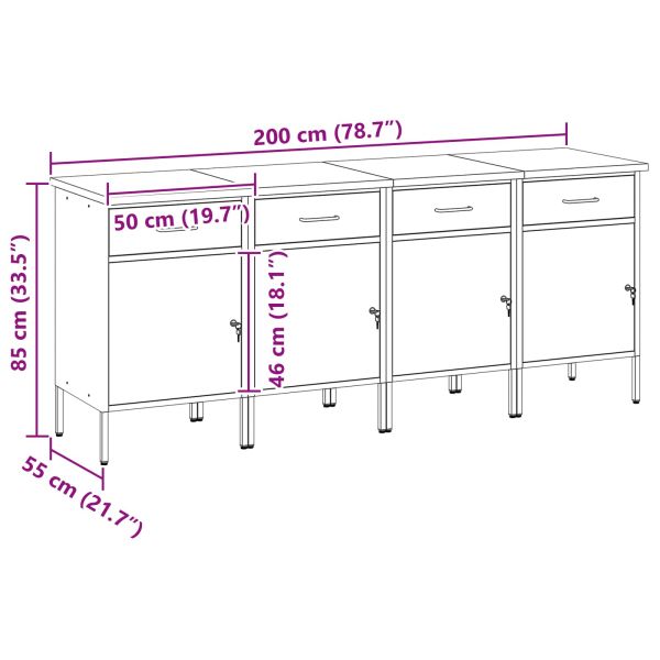 Работен кабинет с чекмедже 4 pcs Черен и Сив 200 x 55 x 85 см