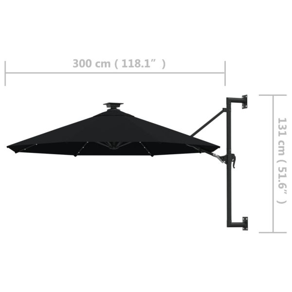Градински чадър за монтаж на стена, с LED, 300 см, черен