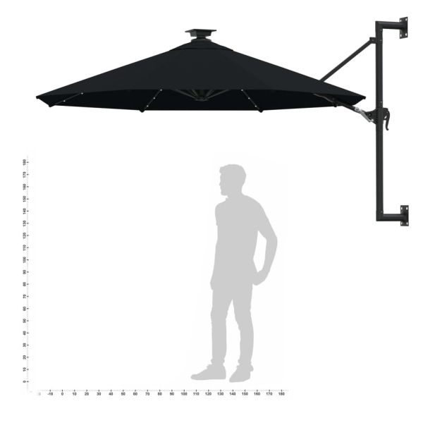 Градински чадър за монтаж на стена, с LED, 300 см, черен