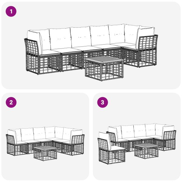 Градински Софа Комплект 7 pcs Черно и тъмно сиво полиратан