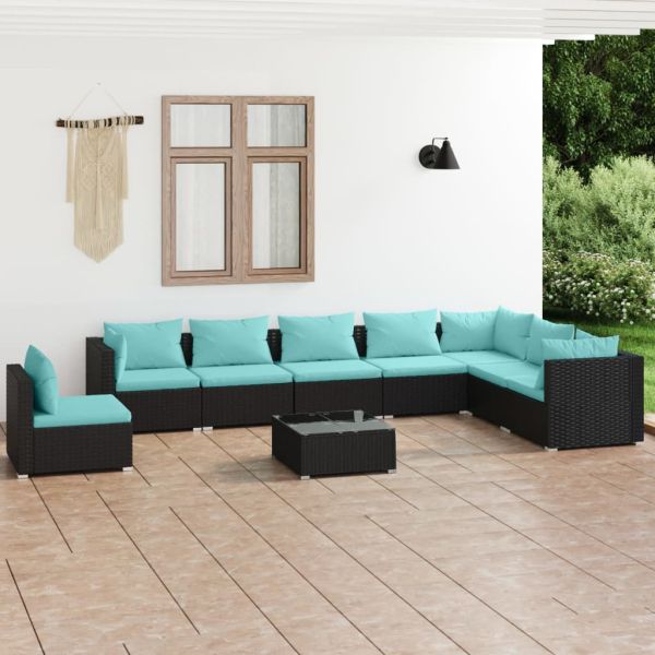 Градински лаундж комплект с възглавници 9 части полиратан черен