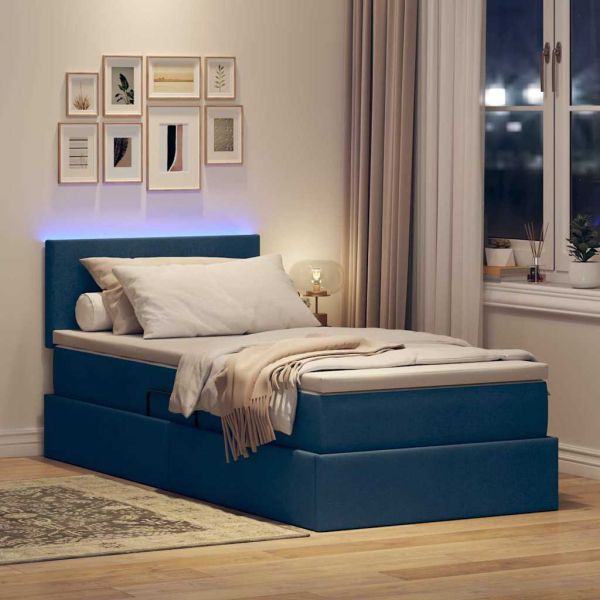 Легло с място за съхранение и LED Синьо 90 x 190 cm текстил