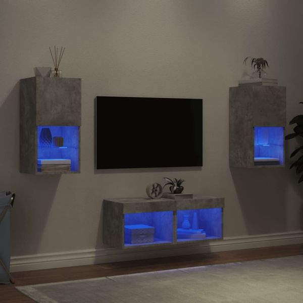 ТВ стенни шкафове, 4 части, с LED светлини, бетонно сиви