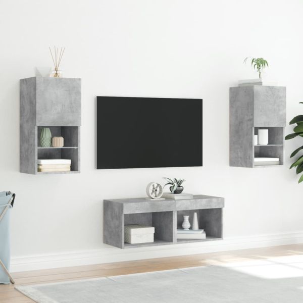 ТВ стенни шкафове, 4 части, с LED светлини, бетонно сиви