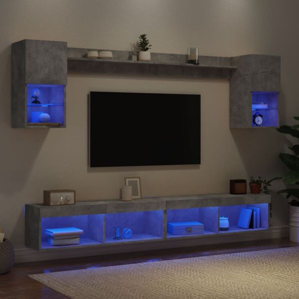ТВ стенни модули с LED, 6 части, бетонно сиви, инженерно дърво