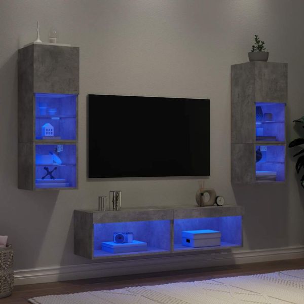 ТВ стенни модули с LED, 6 части, бетонно сиви, инженерно дърво