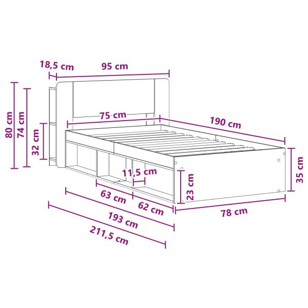 Леглово рамо с хранилище с таблото Опушен дъб 75 x 190 cm