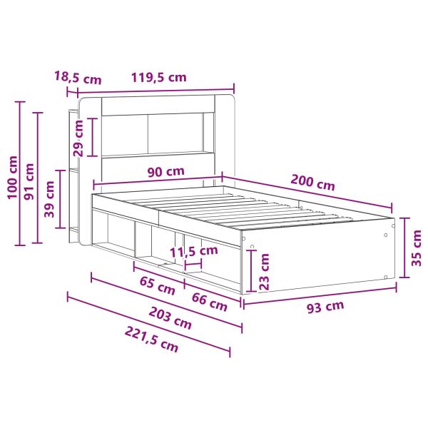 Леглово рамо с хранилище с таблото Бетонно сиво 90 x 200 cm