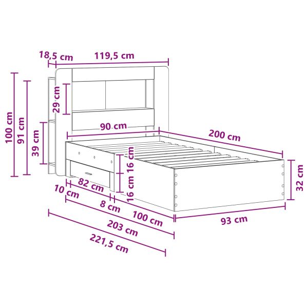 Леглово рамо с хранилище с таблото Дъб артизан 90 x 200 cm