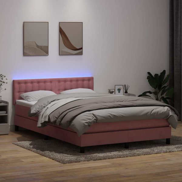 Боксспринг легло с матрак и LED, розова, 140x210 см, кадифе