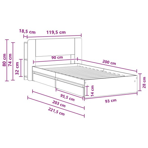 Леглово рамо с хранилище с чекмедже Сив Сонома 90 x 200 cm