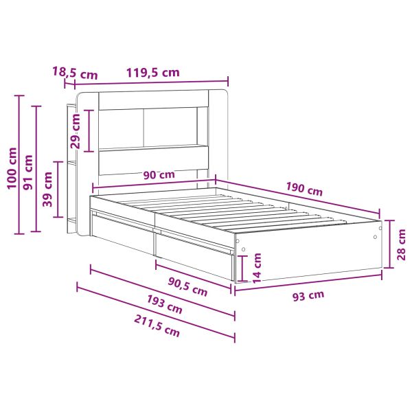 Леглово рамо с хранилище с чекмедже Опушен дъб 90 x 190 cm