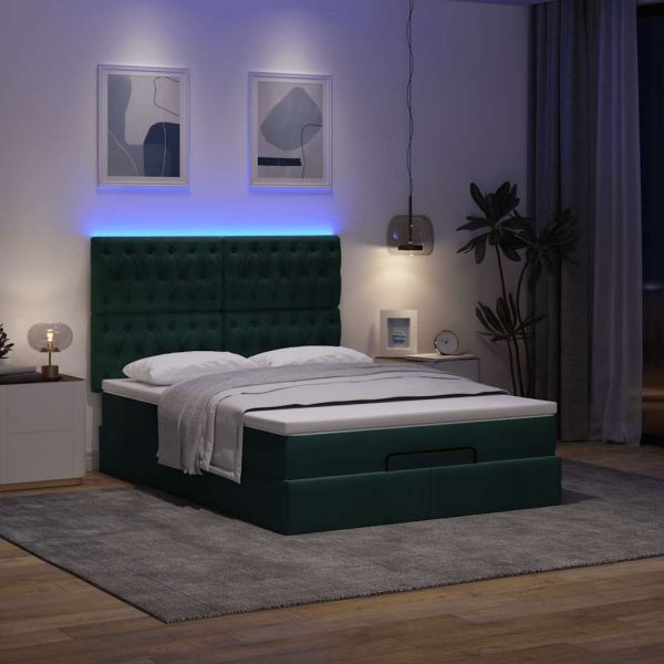 Османска легло с матраци и LED, тъмнозелено, 140x200 см, кадифе