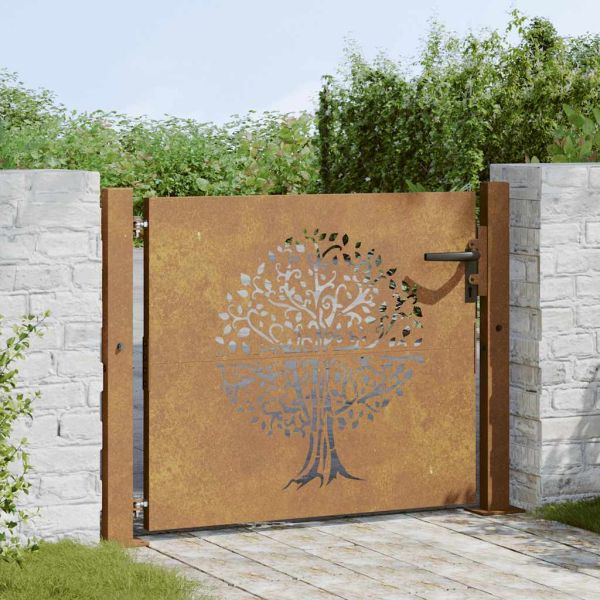 Градинска порта 100x100 см, кортенова стомана, дизайн с дърво