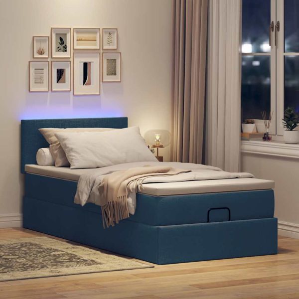 Османска легло с матрак и LED, синьо, 90x190 см, плат