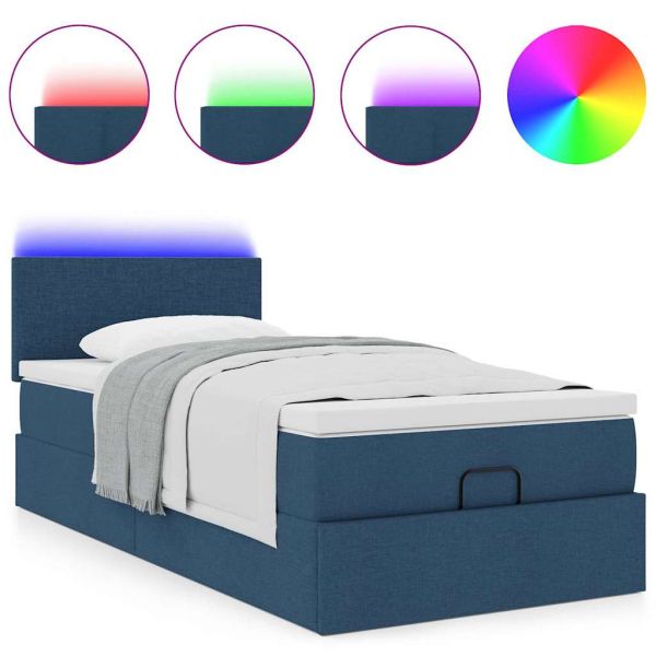 Османска легло с матрак и LED, синьо, 90x200 см, плат