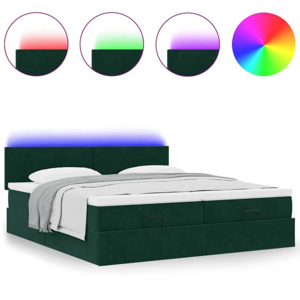 Османска легло с матраци и LED, тъмнозелено, 160x200 см, кадифе