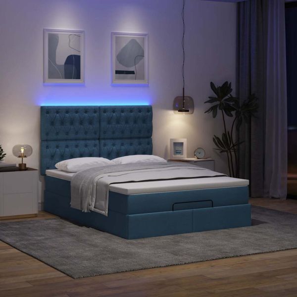 Османска легло с матрак и LED, синьо, 140x200 см, плат