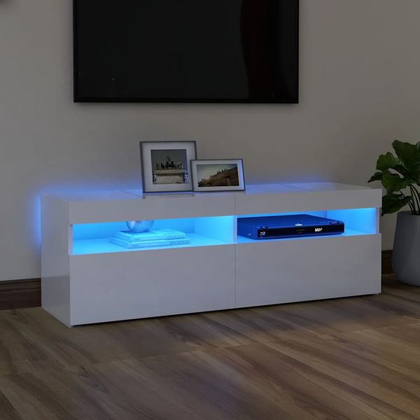 ТВ шкаф с LED осветление, бял гланц, 120x35x40 см
